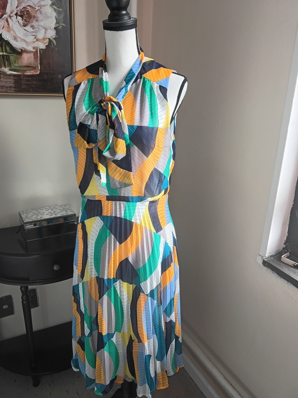Mad Men 1960s Style Tie-Neck Geometric Midi Dress in Yellow, Teal & Navy
